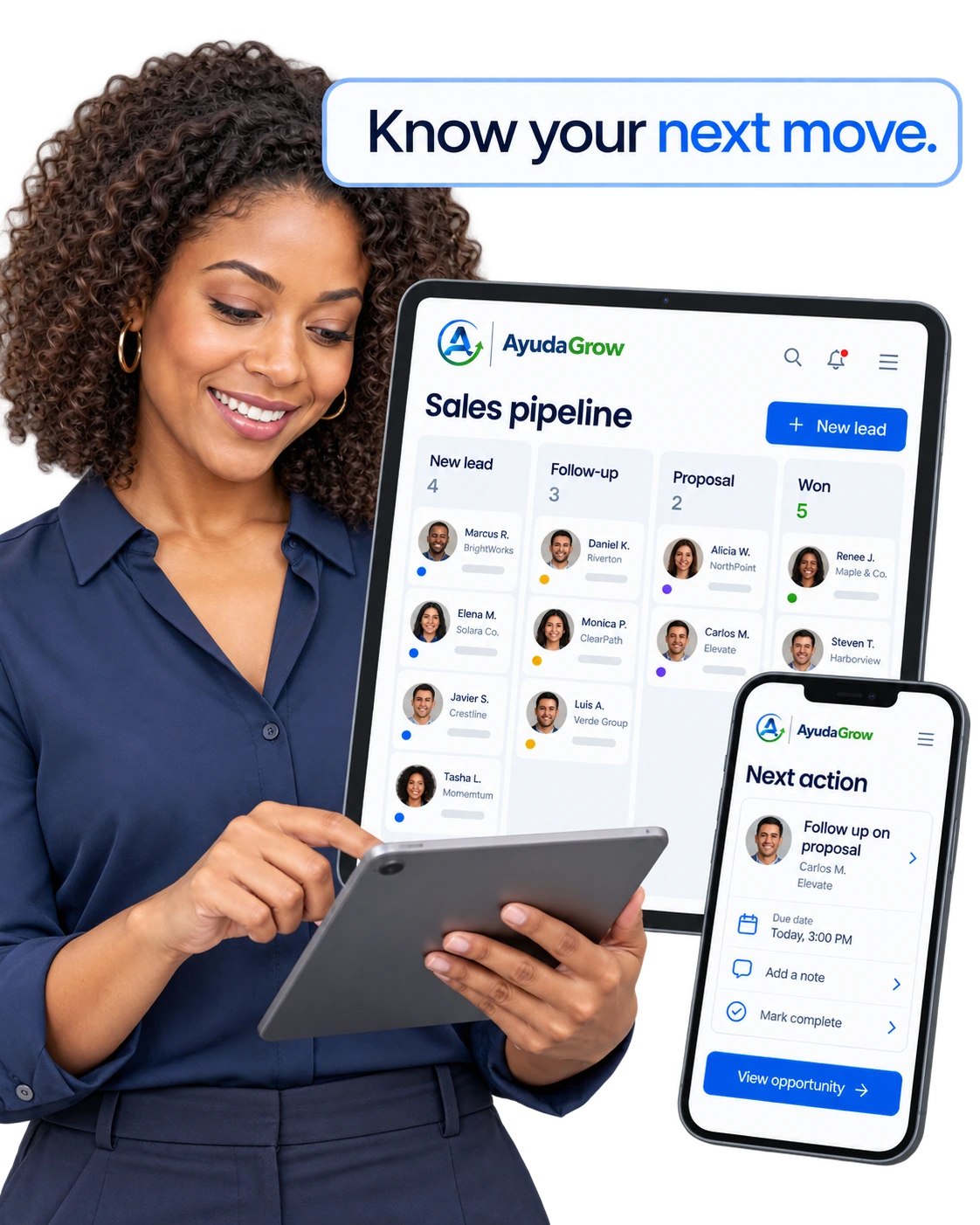 Customer record and sales pipeline showing opportunities, stages, values and next actions.
