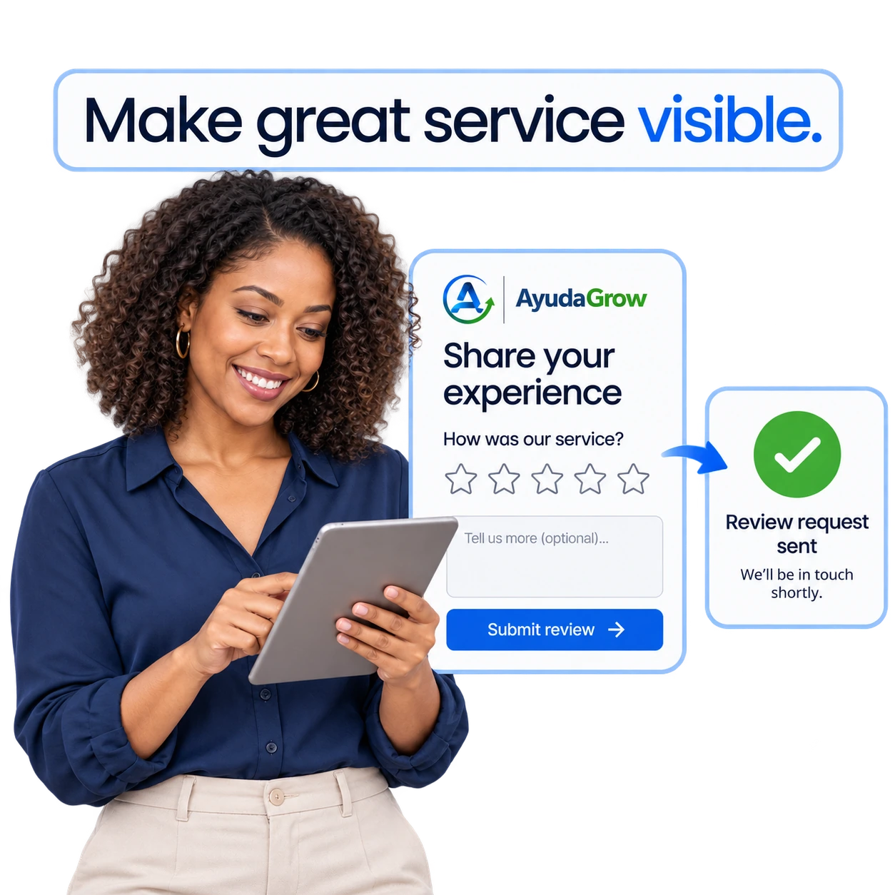 Customer review management showing review requests, ratings and responses.